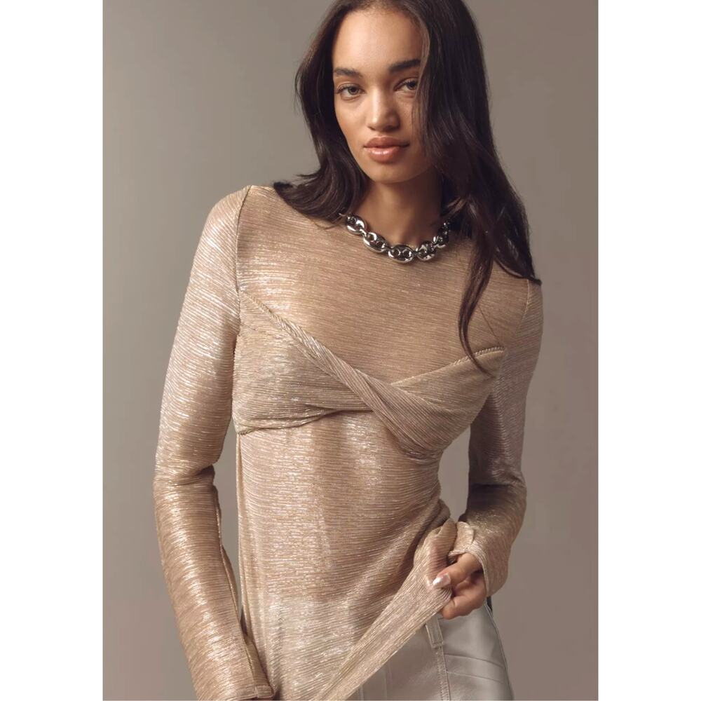 Anthropologie Womens L Gold Shimmer Twist Front Sheer Blouse NEW
